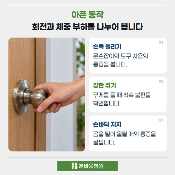 은평구정형외과 문손잡이를 돌리는 손목 — 아픈 동작 · 회전과 체중 부하를 나누어 봅니다
