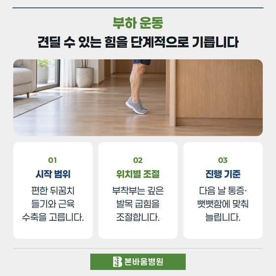 은평구정형외과 뒤꿈치를 드는 운동 — 부하 운동 · 견딜 수 있는 힘을 단계적으로 기릅니다