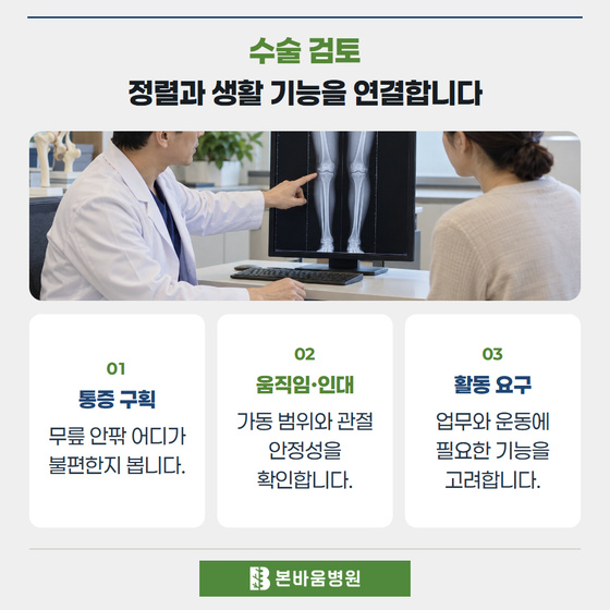 은평구정형외과 다리 정렬 영상 상담 — 수술 검토 · 정렬과 생활 기능을 연결합니다