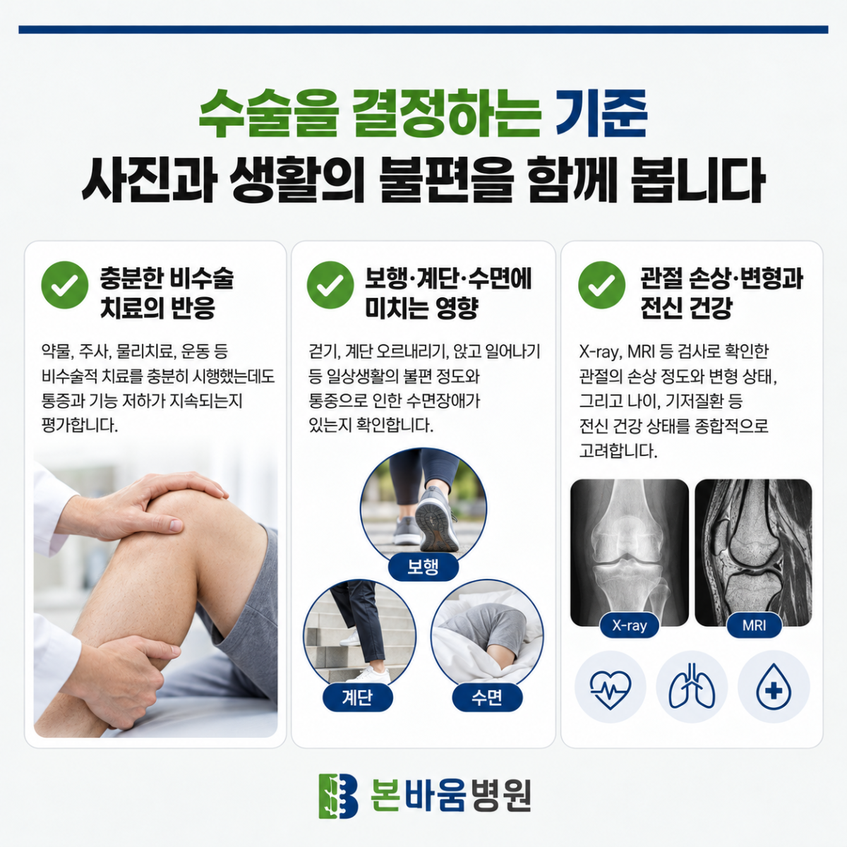 은평구정형외과 인공관절수술을 결정할 때 확인하는 기존 치료 반응과 보행·계단·수면의 불편 안내